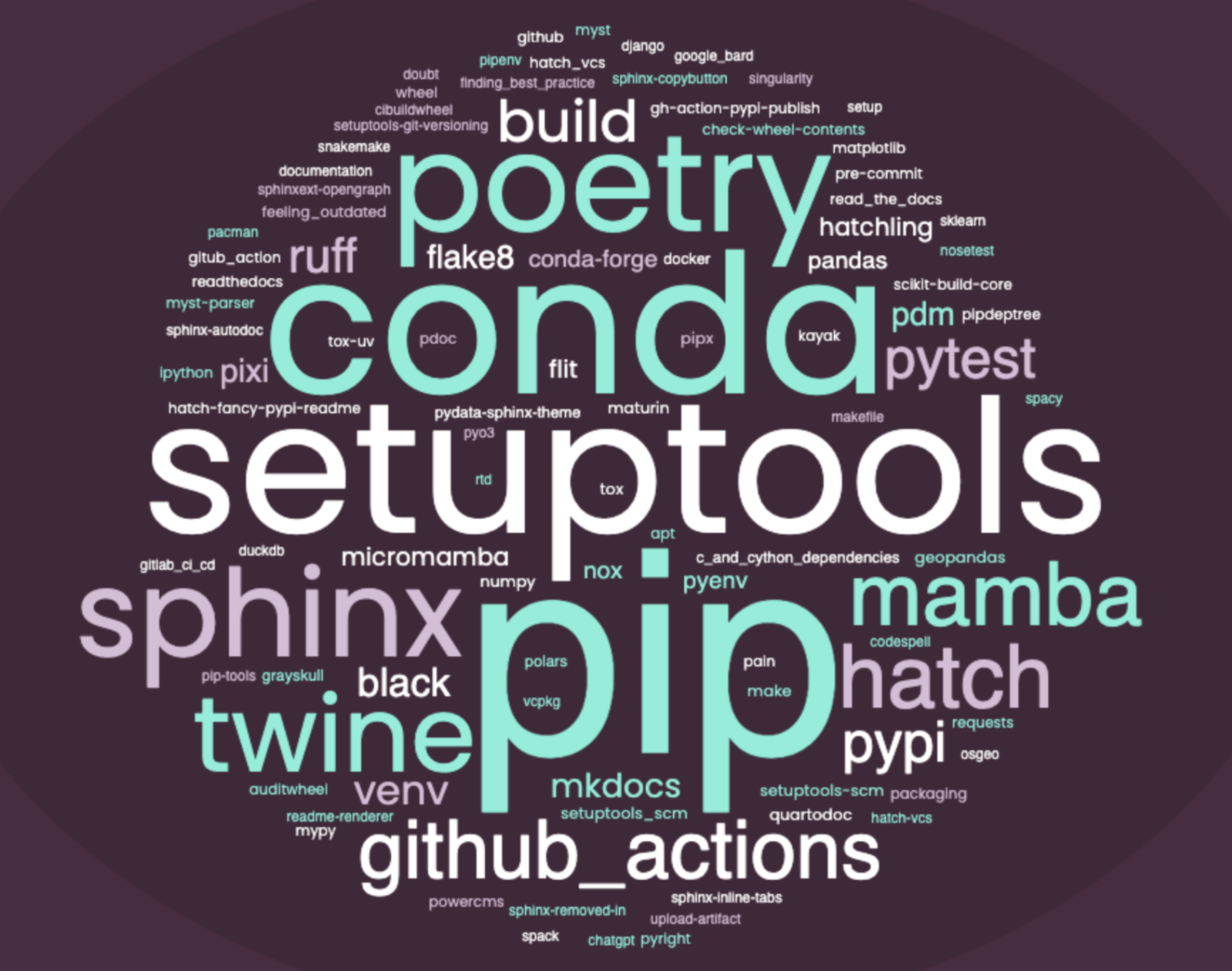 This is a giant word cloud with dozens of words. The biggest words are Build, Poetry, Conda, Setuptools, Sphinx, pip, Hatch, Mamba, Twine PyPI, venv, and GitHub Actions.